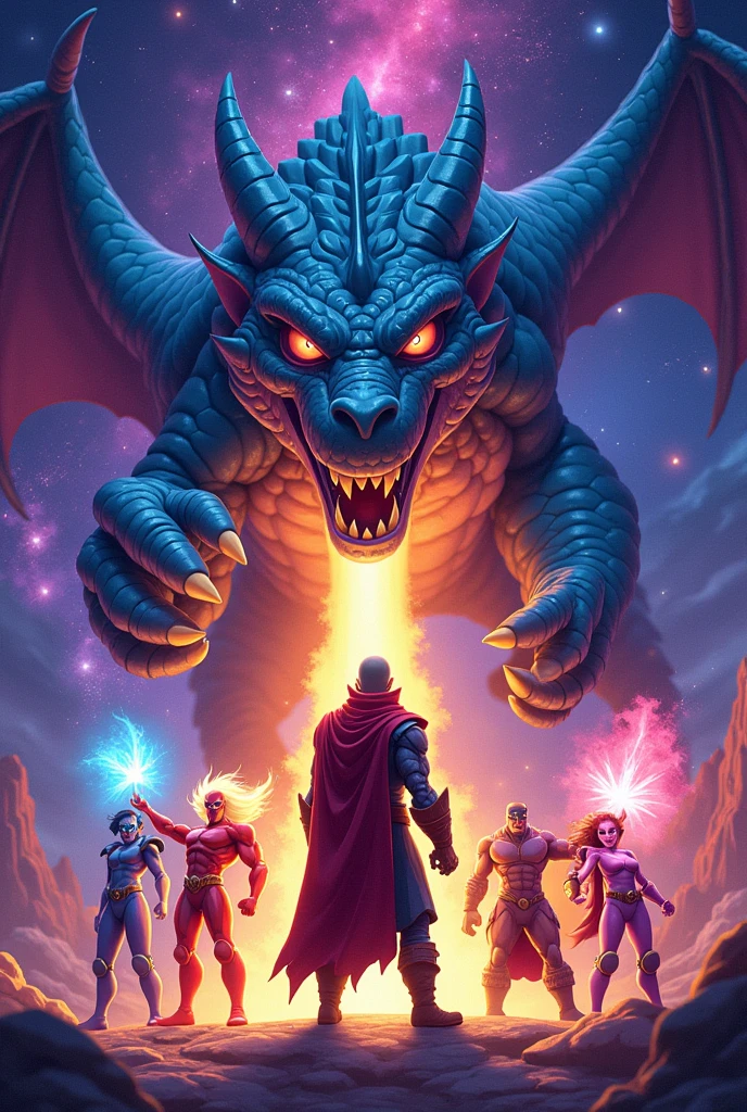 Créez une image d'un univers galactique des dessins animés avec le nom " Jacques" avec une scène fantastique vibrante et colorée où un guerrier affronte un dragon, entouré de super-héros issus de dessins animés. La scène est riche en détails et en couleurs, mettant en valeur le nom " Jacques". Ajouter d'autres effets attirants, réalistes et attractifs.
