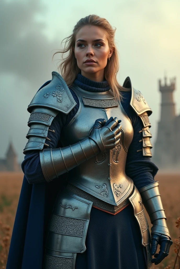 A woman in armor,  front-facing, who is holding their hand in the shape of the number 6 in front of their chest
