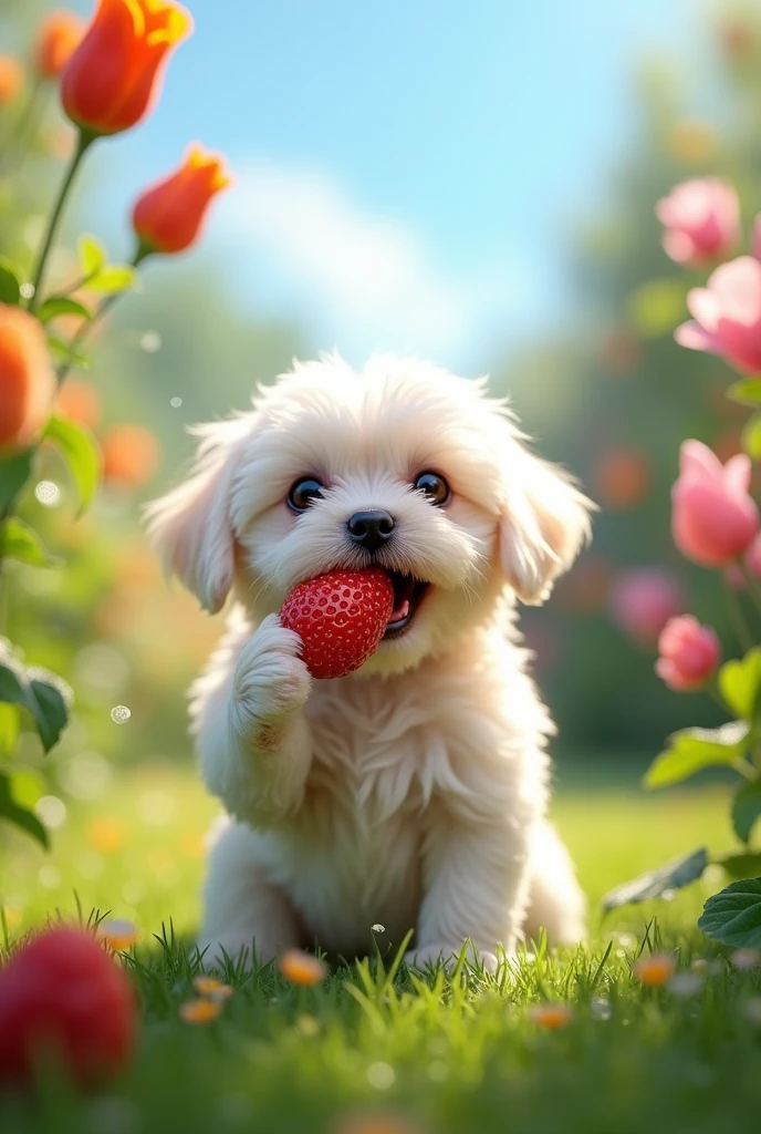 A white fluffy Shih Tzu puppy is eating a Strawberry with its mouth in a realistic 8k uhd garden