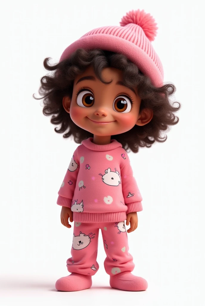 A 9 year old, brown skin, eyes browns, long and curly hair, wearing pink pajamas and a beanie on his head, disney pixar style drawing, the image has a white background (png)