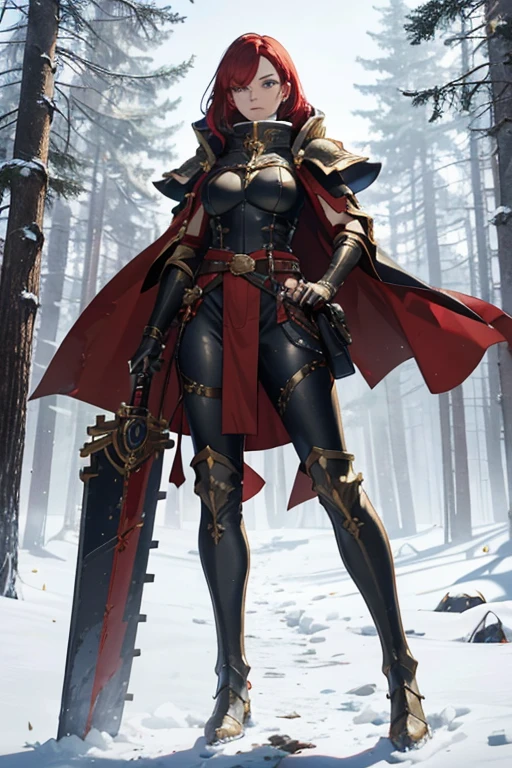 Sylara Stormblade, a tall woman with bright red hair and blue eyes, wearing elegant mithril armor with golden details, tight black leather pants with metallic segments, a sturdy belt with multiple compartments and pouches for storing items and a scabbard for her sword, knee-high leather boots, with shin and ankle reinforcement, in golden details, anime style, standing in a forest, wearing gauntlets and a red cape, in the snow, showing her whole body in an action pose.