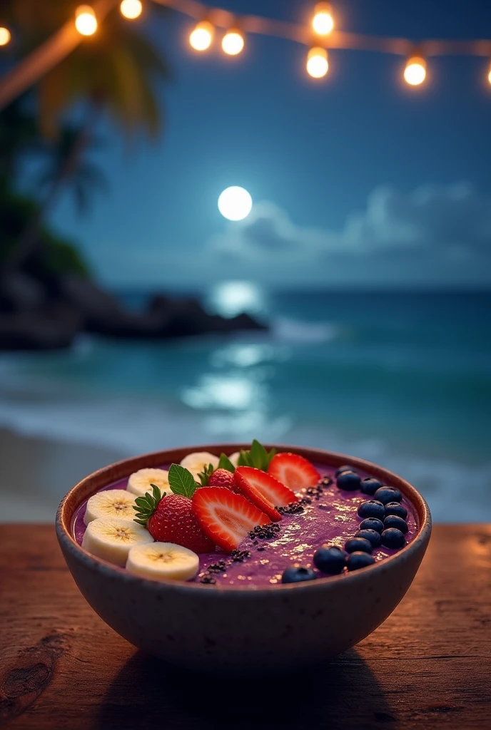 ((Maximum quality、8k、work of art:1.1))、acai bowl, beach at night, lights.