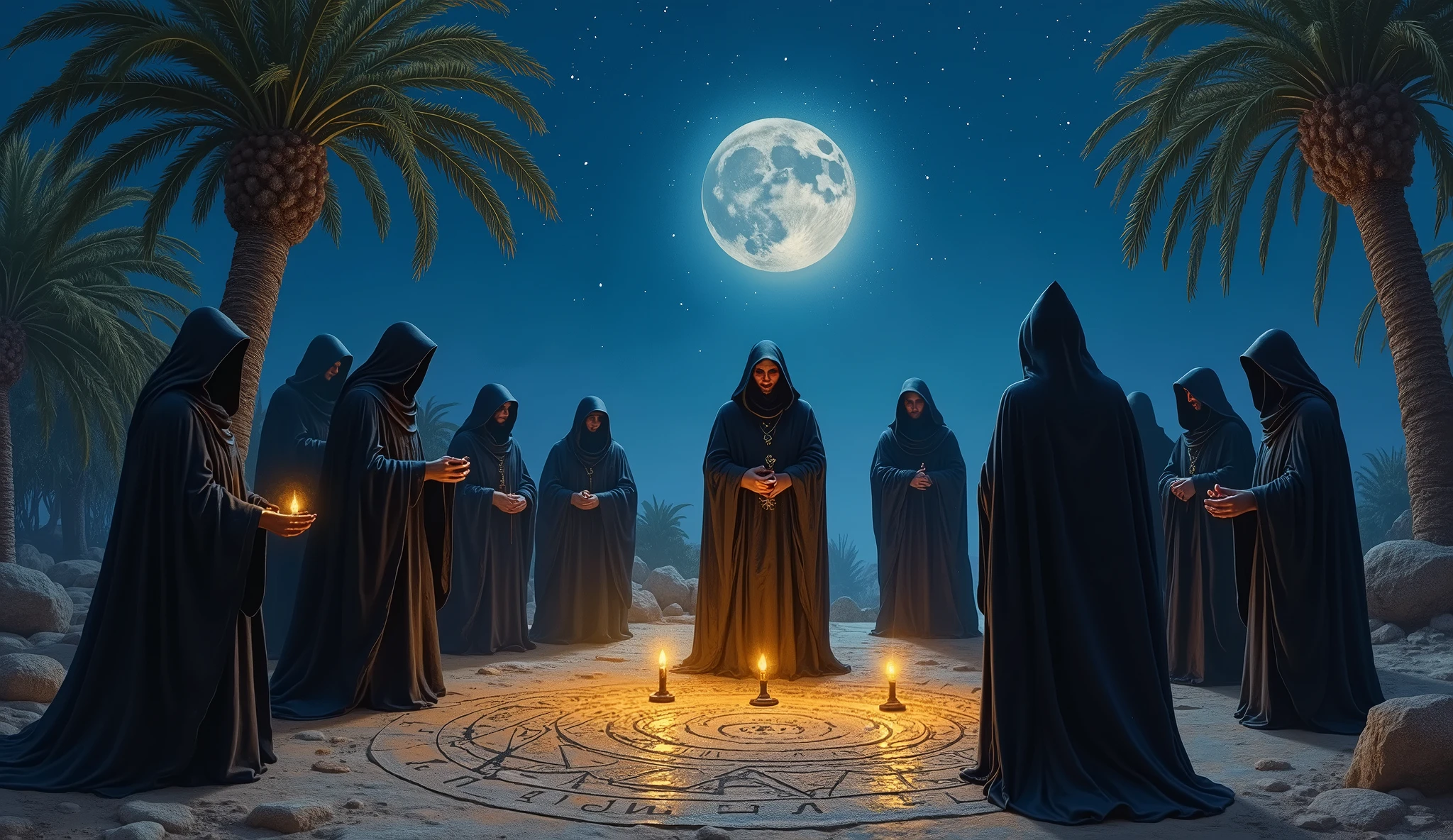 (oil painting) Babylonian priests, Wise men and witches gathered in the night, the shadow hides their faces