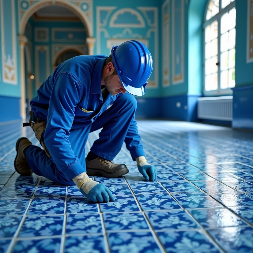 Visualize a realistic scene in 8K, mostrando um pedreiro assentando piso português blue in color em uma casa. The bricklayer is focused on the task, carefully applying the blue tiles in a detailed pattern on the floor. He is wearing Personal Protective Equipment (epis) blue in color, including helmet, Gloves and uniform, that harmonize with the tone of the tiles. The image is dominated by shades of blue, refletidos tanto no piso quanto nos epis do trabalhador. The high resolution captures the details of the floor, the meticulous work of the bricklayer and the cohesion of the color palette, providing a clear and professional view of the floor installation