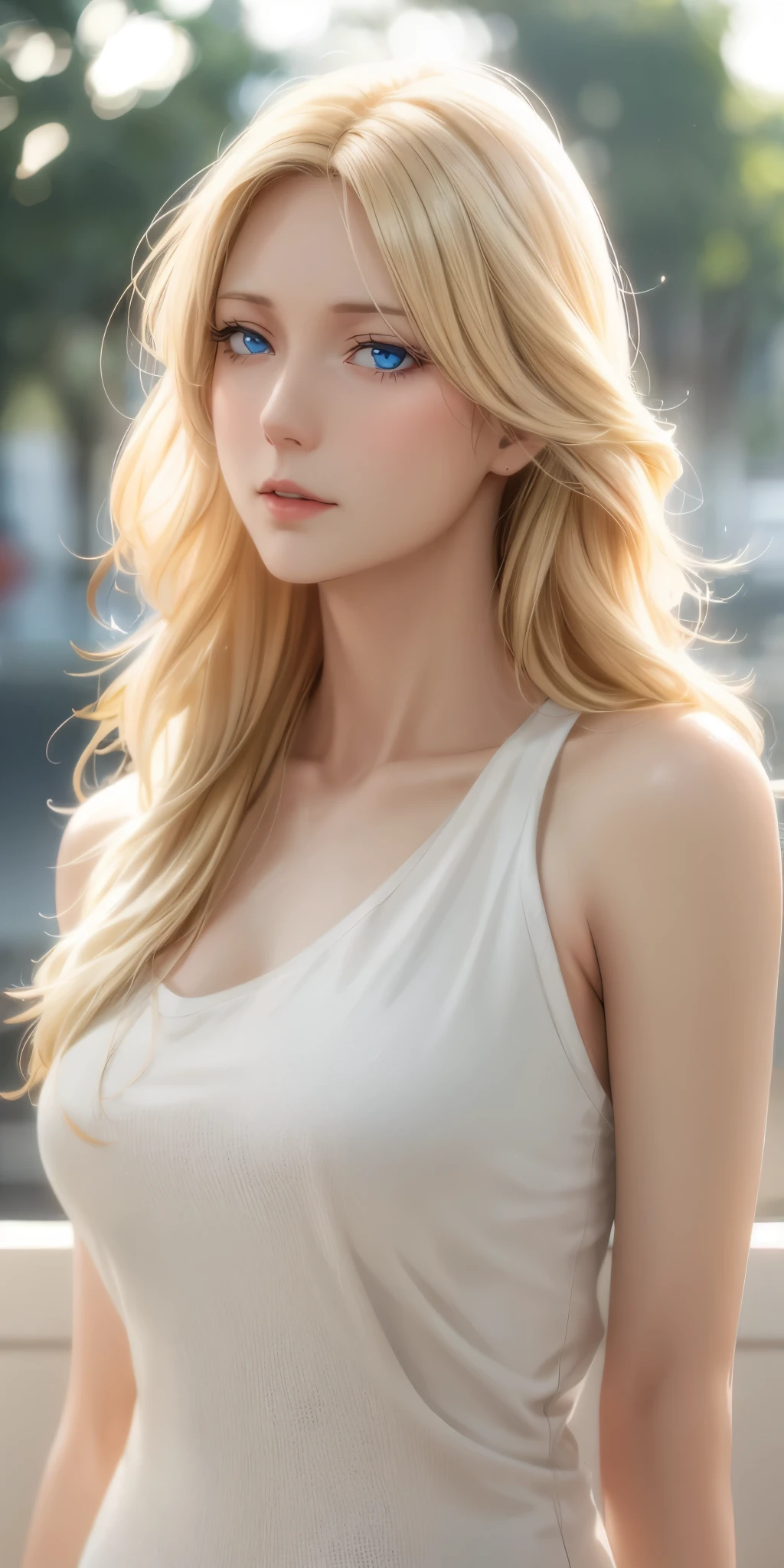Elegant mature female, blue eyes, blonde hair, soft light, high detailed, 4k resolution, high quality, beautiful cg,