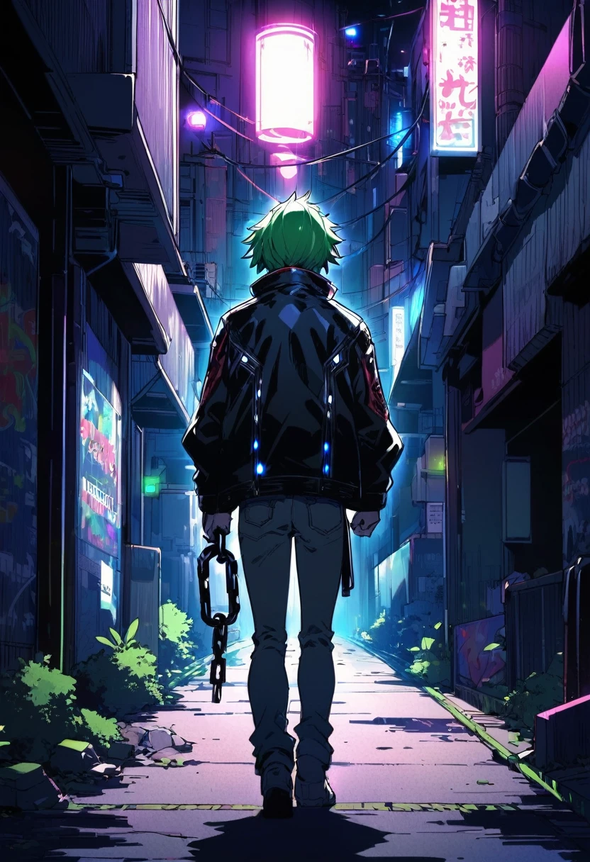 An anime style drawing of an android, tall, strong, green and spiky hair, red eyes, silver body, wearing a black leather jacket and jeans, holding a chain, facing away, looking back, illuminated by LED lights fluorescents, deserted street, tokyo cuberpunk, by nakaba suzuki