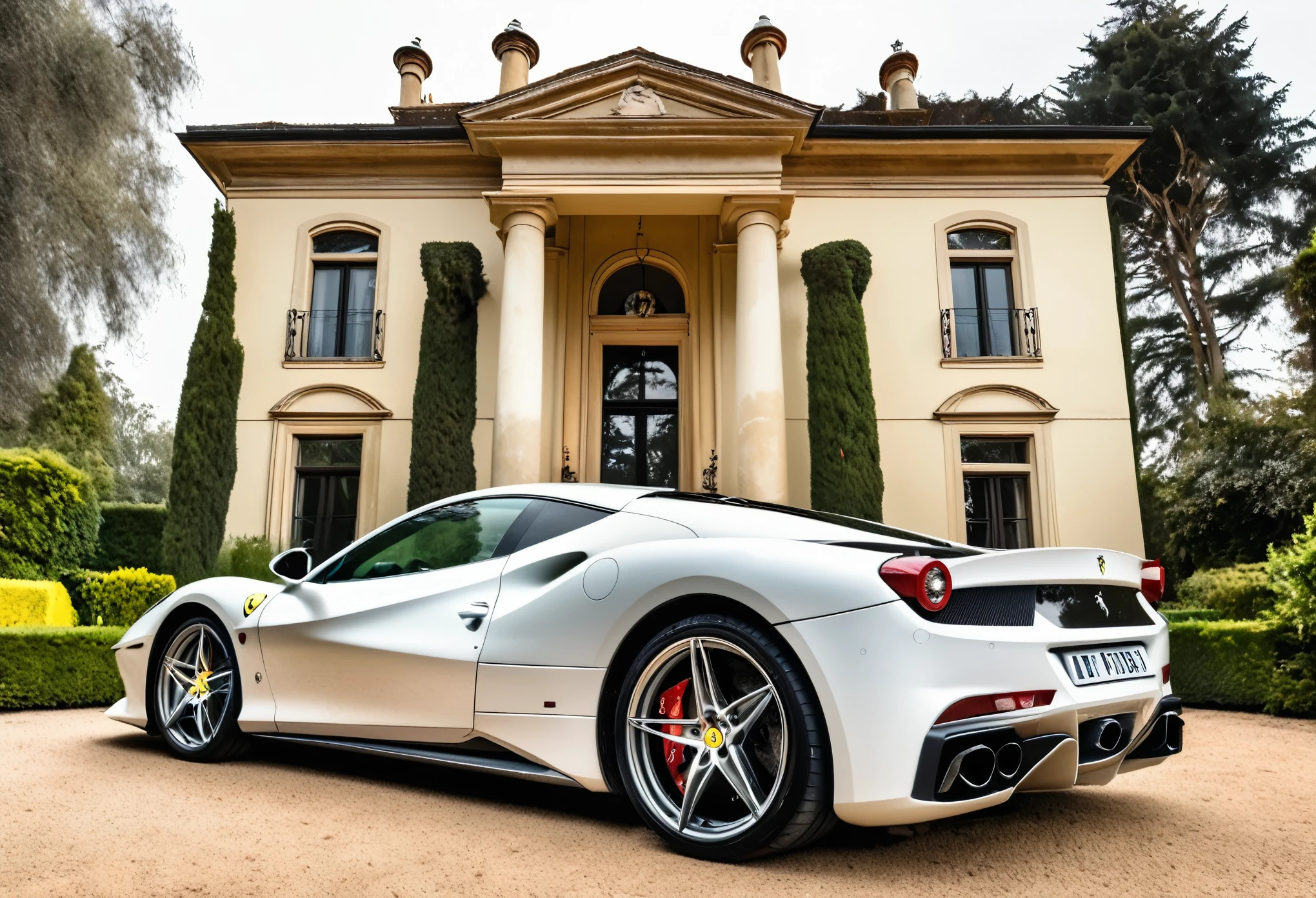 Car Photography Professional Photography, A ferrari sitting in front of a mansion, tinted windows, monochrome chameleon paint job,