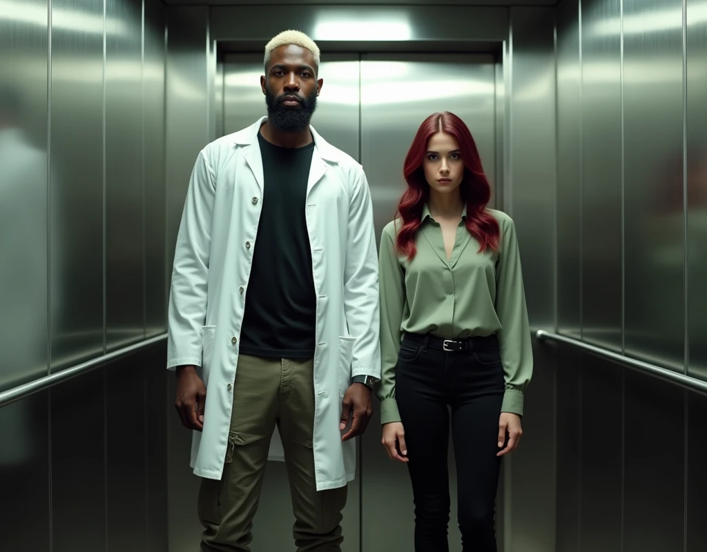 A very tall (216 cm) Arab man with platinum blond wavy swept-back crew cut, dark skin, and long black stubble. He wears a white lab coat, black t-shirt, cargo pants, and boots. He's standing in an elevator beside a short (170 cm) young Caucasian woman with a wary expression and vibrant maroon side-parted long wavy hair. She wears a soft green silk blouse, low-rise black pants, and black boots. Both are looking forward. Cinematic lighting.