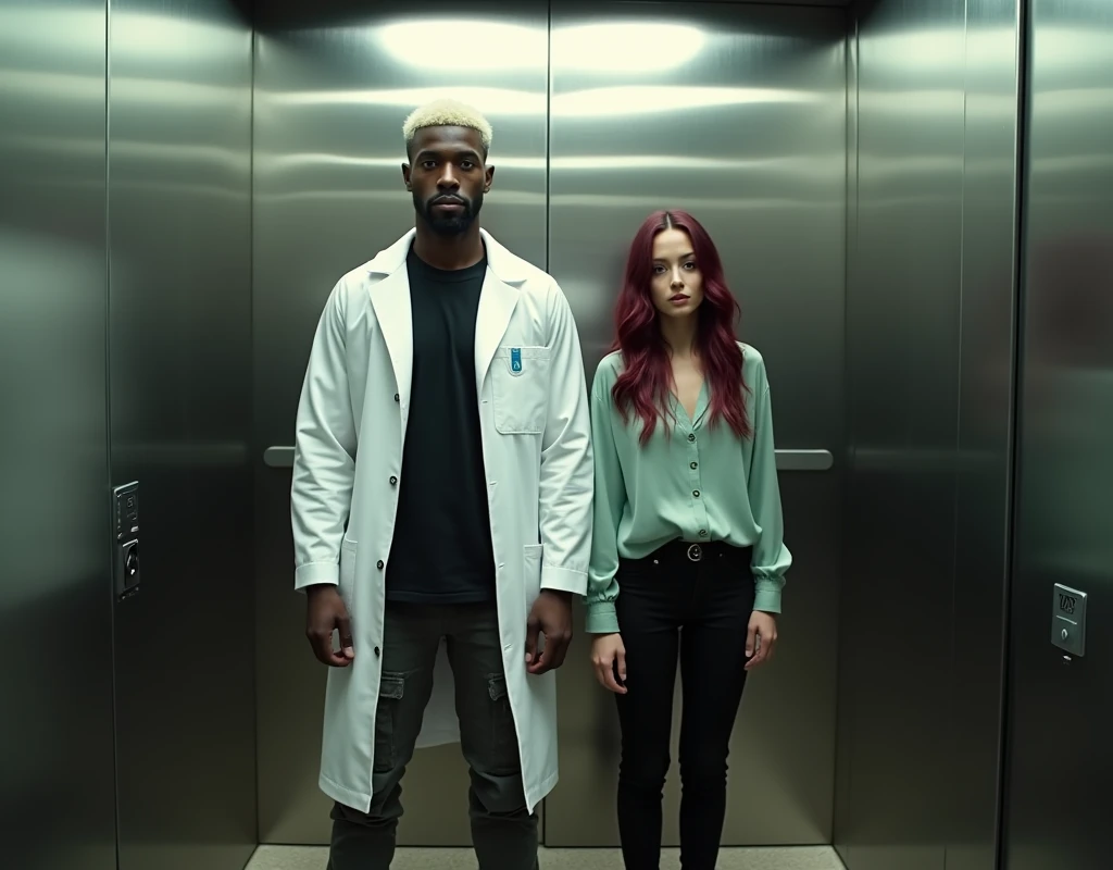 A very tall (216 cm) Arab man with platinum blond wavy swept-back crew cut, dark skin, and long black stubble. He wears a white lab coat, black t-shirt, cargo pants, and boots. He's standing in an elevator beside a short (170 cm) young Caucasian woman with a wary expression and vibrant maroon side-parted long wavy hair. She wears a soft green silk blouse, low-rise black pants, and black boots. Both are looking forward. Cinematic lighting.