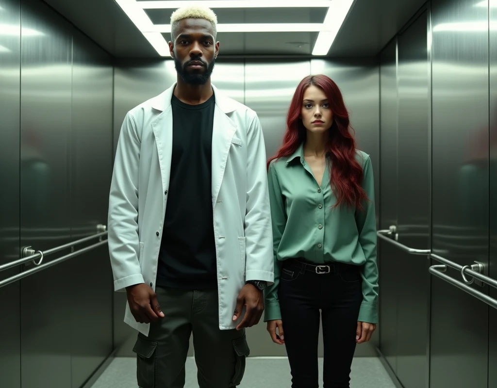 A very tall (216 cm) Arab man with platinum blond wavy swept-back crew cut, dark skin, and long black stubble. He wears a white lab coat, black t-shirt, cargo pants, and boots. He's standing in an elevator beside a short (170 cm) young Caucasian woman with a wary expression and vibrant maroon side-parted long wavy hair. She wears a soft green silk blouse, low-rise black pants, and black boots. Both are looking forward. Cinematic lighting.