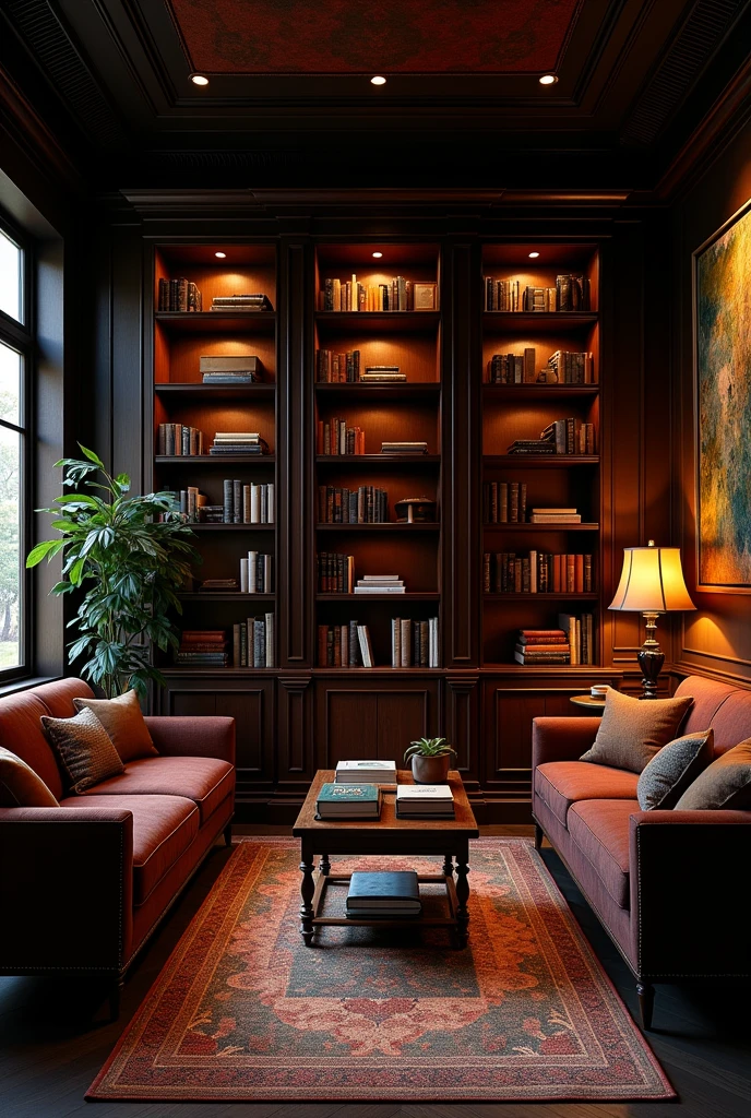 "An elegant, dimly lit room with dark wooden furniture, plush, deep-colored sofas, and a large bookshelf filled with books. The lighting is warm but low, coming from a few strategically placed lamps, creating an inviting and intimate ambiance. A soft, patterned rug on the floor adds texture, and a few abstract art pieces on the walls add a touch of sophistication."