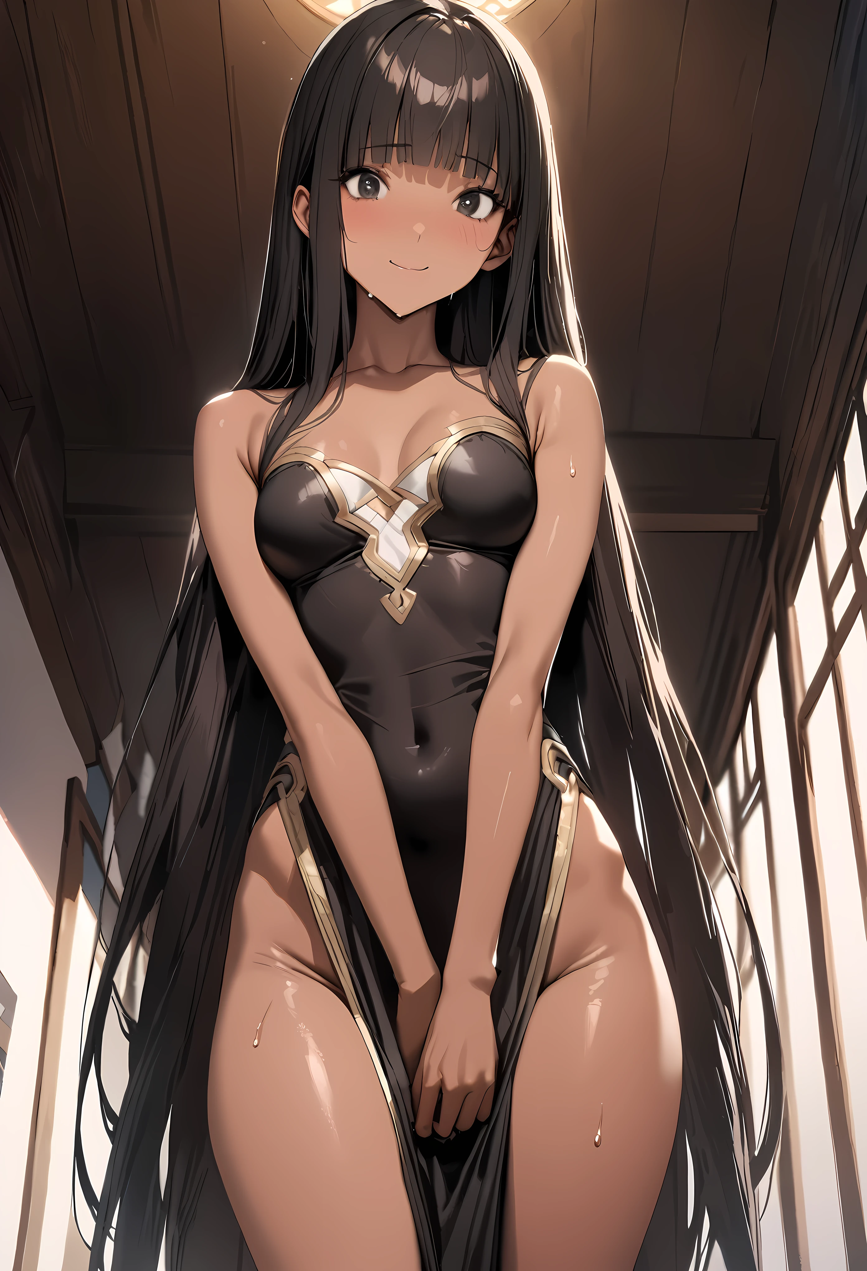 ((masterpiece,best quality anime,Highest quality:1.3)),realistic,cowboy shot,(25 year old beauty),1woman,solo,((very small head:1.4)),((very long body:1.3)),black hair,bangs,(long ponytai hair),gorgeous big eyes,black eyes,shy,smile,((tan skin:1.4)),((slender body:1.3,skinny)),medium breasts,sweat,gleaming skin,shiny skin,((Kunoichi's costume、No sleeve、Black kimono,Side slits)),temple、Domestic、