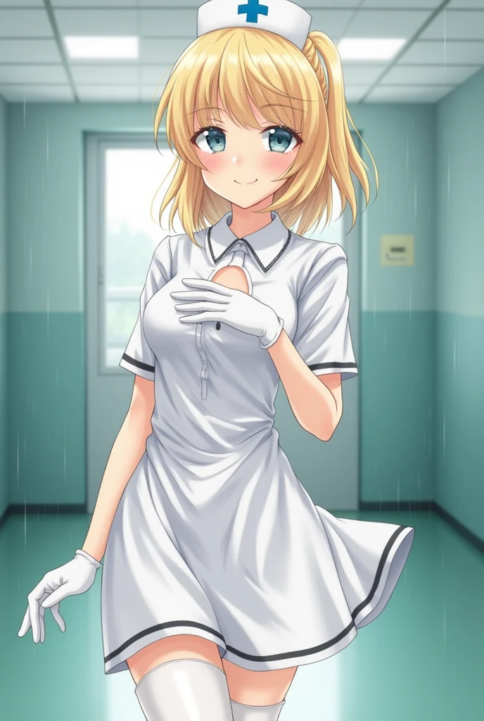 1woman, Nurse, schoolwear, Gorra de Nurse, Whiteware, ((Legwear blanco, The Great Passage)), white gloves, blond hair, blue eyes, pink lipsticks, They are smiling, Standing, sharp outline, short sleeve, a mature female, 16 year old, The best quality, masterpiece, infirmary, As the chest shows, Chest leak, rain on the face, pose sensual, aunt visible, naked tits, big tits, semi-naked , naked tits,