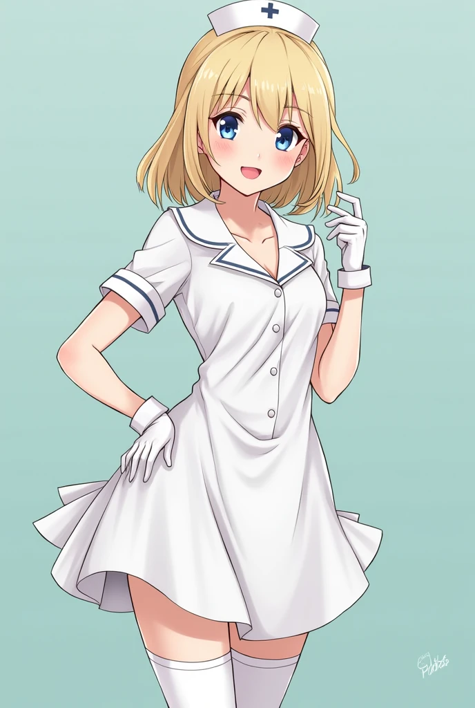 1woman, Nurse, schoolwear, Gorra de Nurse, Whiteware, ((Legwear blanco, The Great Passage)), white gloves, blond hair, blue eyes, pink lipsticks, They are smiling, Standing, sharp outline, short sleeve, a mature female, 16 year old, The best quality, masterpiece, infirmary, As the chest shows, Chest leak, rain on the face, pose sensual, aunt visible, naked tits, big tits, semi-naked , naked tits, 