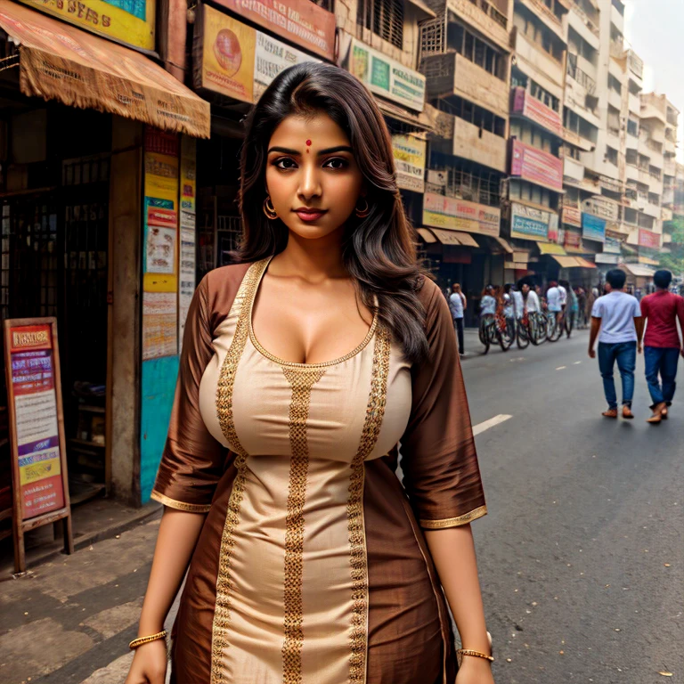 a Hot young Indian woman standing in the streets of Mumbai wearing a kurta, big breasts with deep cleavage, beautiful face, brown eyes, wide lips, round face, ((High definition))