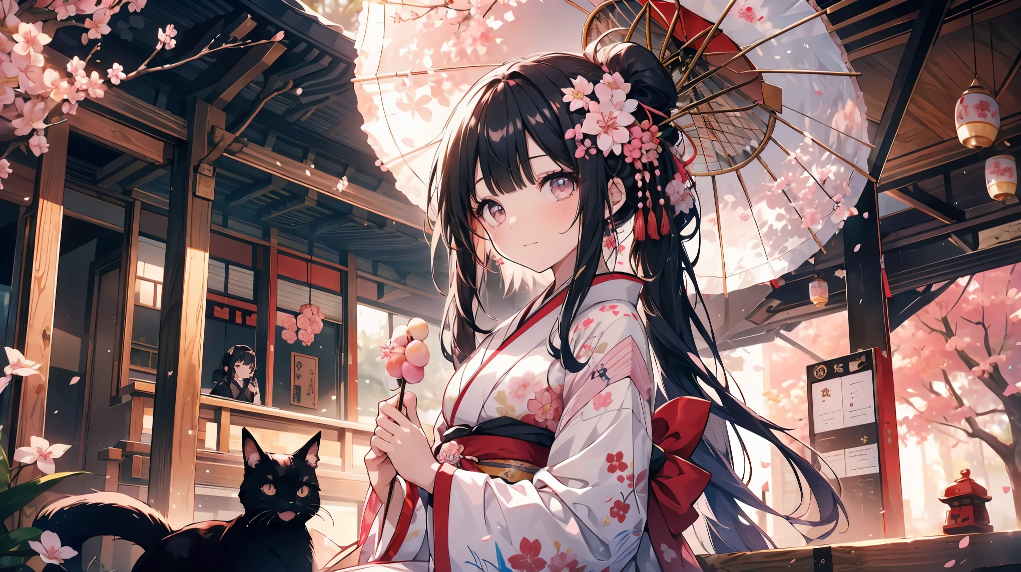 A young girl is enjoying cherry blossom viewing.The girl has long black hair tied up with a hairpin.She is wearing a cherry blossom pink kimono and holding a dango with three colors..The girl is sitting on a bench under the umbrella of a teahouse,Next to her is a black cat.