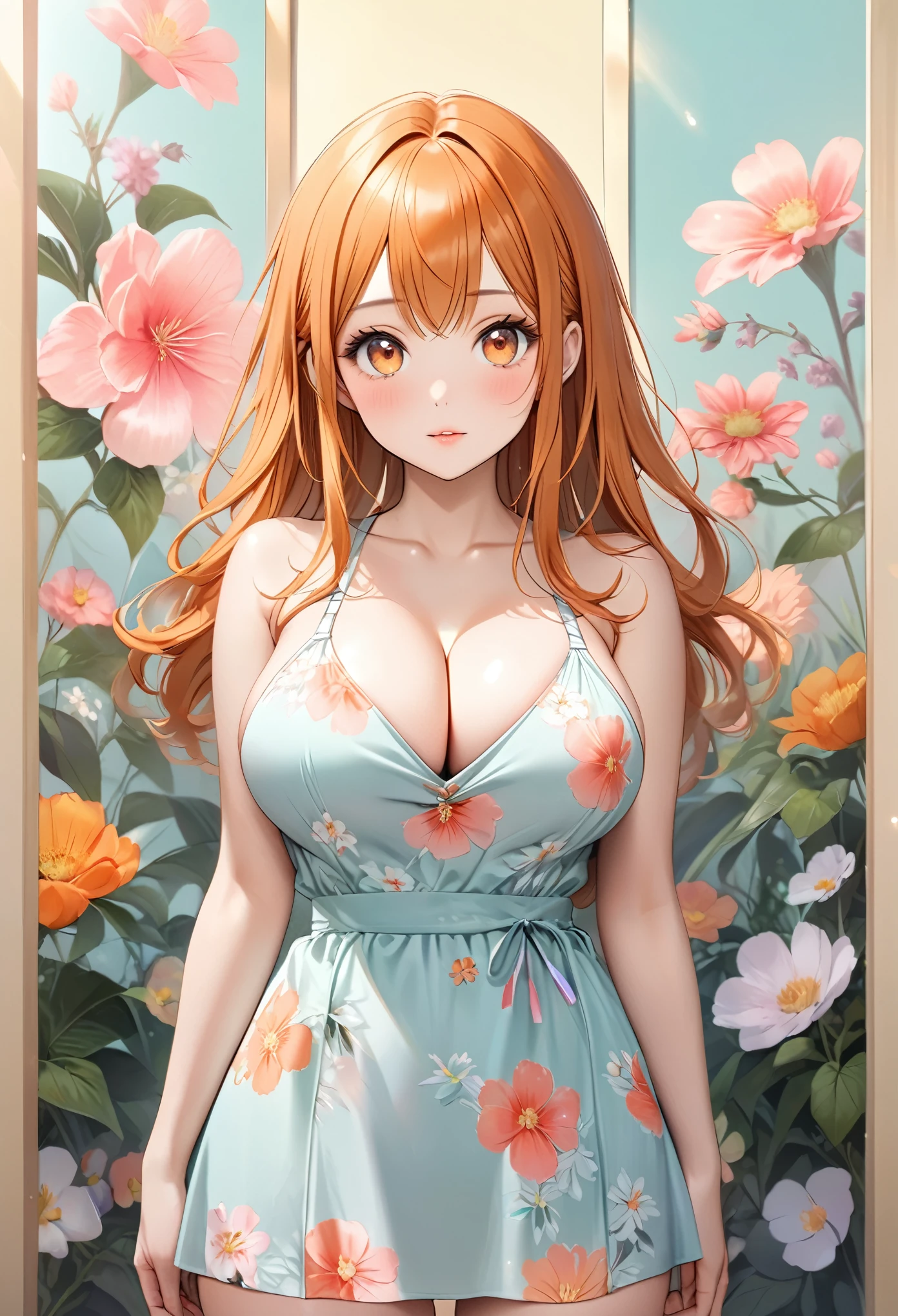 ((nami)), (((cute overload))), pastel color palette, ((black thigh length hair)), (orange hair), (big orange eyes), huge tits, casual pose, relaxed, playful, shiny skin, (thin), (((sideboob))), (petite), ((floral pastel panel dress)), ulzzang, ((realistic)), (looking at viewer), ((arms behind back)), ((cleavage)), straight on, portrait, floral pastel background, full body, sexy pose, 