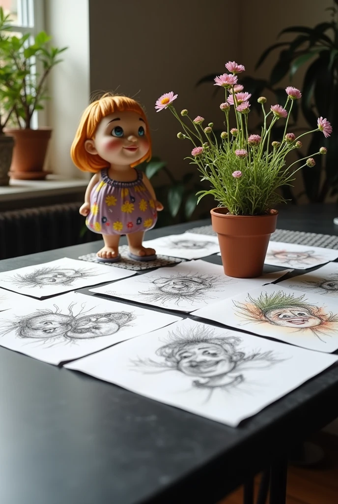 Sketches kept on a black table with a small flower pot kept in corner and a small statue of cartoon kept on table.