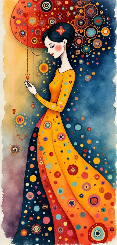 A watercolor combining elements of Post-Impressionism and Art Nouveau, inspired by the styles of Gustav Klimt, Yayoi Kusama, and Wassily Kandinsky