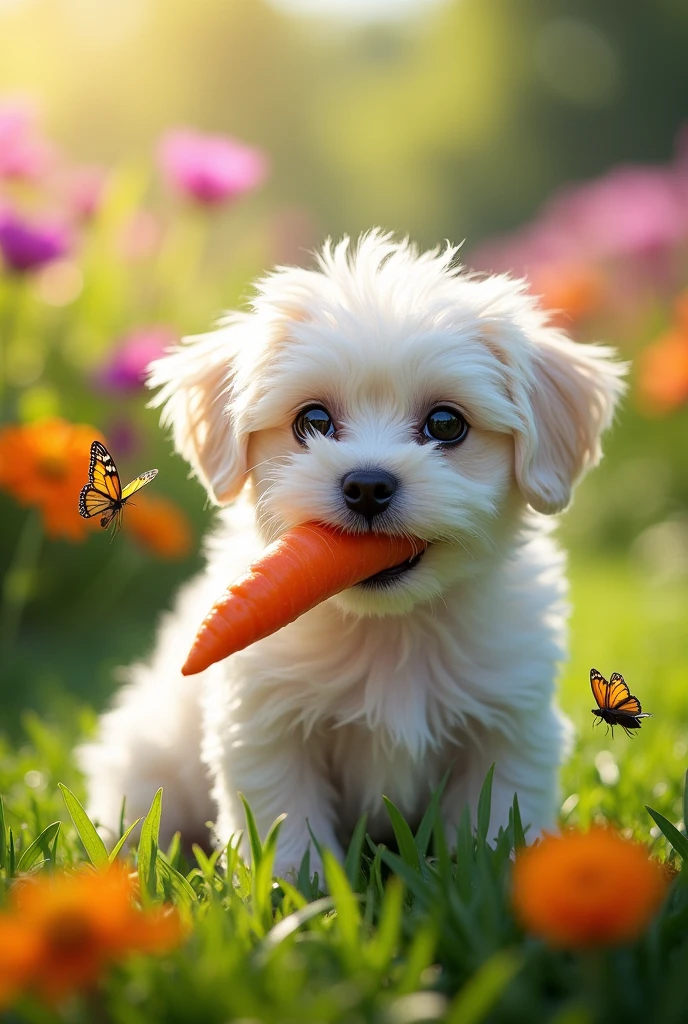 A white fluffy Shih Tzu puppy is eating a carrot with its mouth in a realistic 8k uhd garden.
