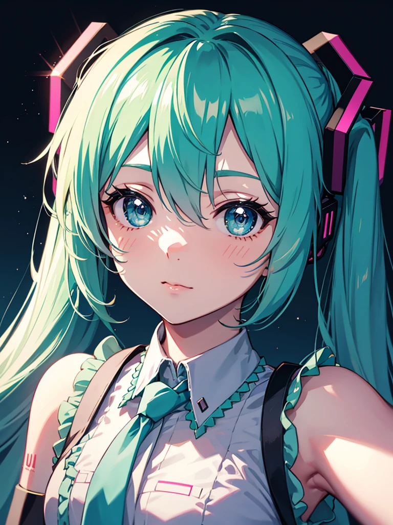 Hatsune Miku taking a selfie, front-facing camera view, close-up portrait