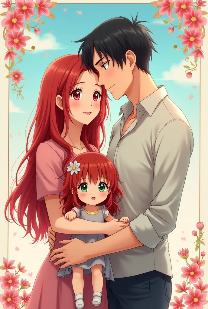 An anime-style portrait of a family, the young woman of 1.69 meters tall red hair, red eyes white skin, Her husband of 1.85 meters black hair green eyes and white skin and her 2 year old daughter Salome, similar to both