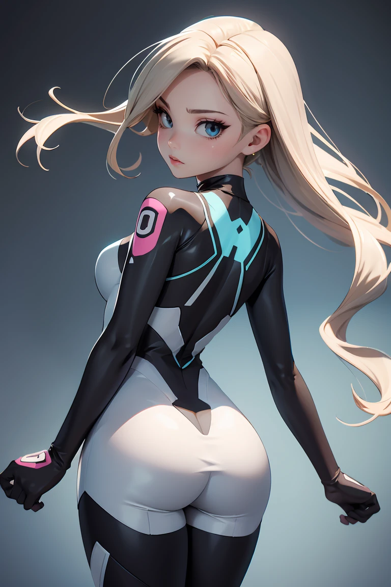 Create a 3D model of a female character with a modern, sexy, and anime-inspired design. The character should have a stylized body with defined curves and a youthful appearance. She should be wearing a futuristic outfit with elements that highlight her figure, like a fitted top and shorts or a sleek bodysuit. The character should have long, flowing hair and big, expressive eyes typical of anime. The pose should be a T-pose, with views from the front, side, and back. The overall aesthetic should be sleek, attractive, and visually appealing, with attention to proportions and details that align with anime-style characters. ((t-pose))