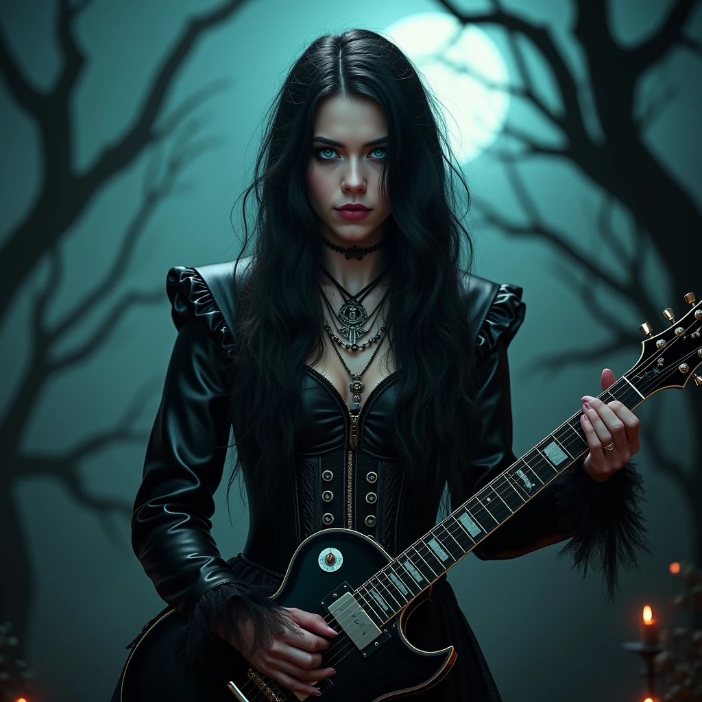 A sexy young male, with long black hair, teal blue eyes, long eyelashes, and delicate and pretty, handsome features. Dressed in all gothic clothes. In a metal band, singing and playing electric guitar. (No facial or body hair) seductive, pretty. The overall look is very erotic. His skin is pale and white. (((Gothic style))) (((Halloween))) ((Best quality)), ((masterpiece)), 8k (detailed), ((perfect face)) ((fullbody)), perfect proportions. (((No facial hair))) ((no body hair)) (((young handsome boy))) (((purple and black))) He's sexy. Wearing a gothic waist corset. Male. Boy. Handsome. Smirking maliciously and looking down at the camera. ((((((((((((((((((((((FULLBODY))))))))))))))))))))))))))