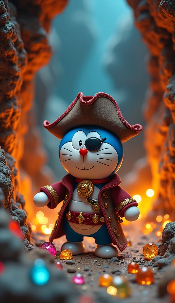Image of captain doraemon wearing pirate costume . Doraemon found a treasure trove with precious gems, gold and ancient artifacts, scattered in a drawer or a large space in the cave. Sharp 4k 3d images