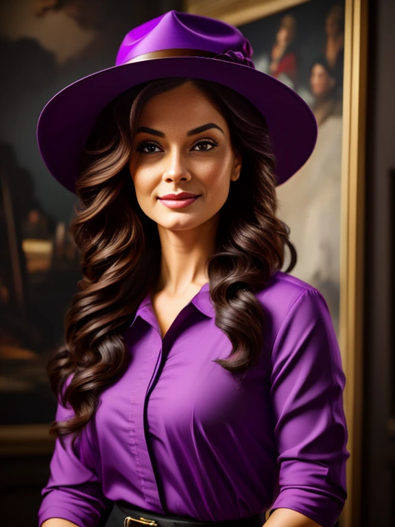a painting of a woman with a hat and purple shirt, in a oil painting style, oil painting style, oil paint style, in the style of an oil painting, beautiful portrait oil painting, art portrait, color portrait, fine art portrait painting, detailed color portrait, oil painting of realistic woman, realistic painting style, realistic oil paint, daniel lezama painting style, 8k
