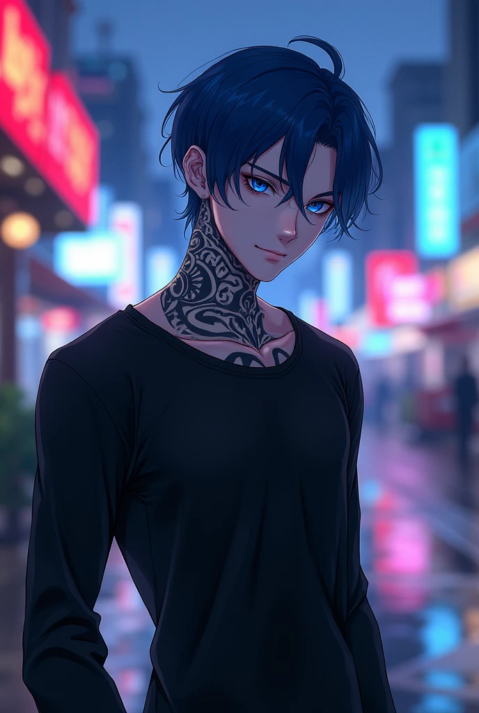 Handsome guy with blue eyes, white with neck tattoos, black long-sleeved shirt, anime