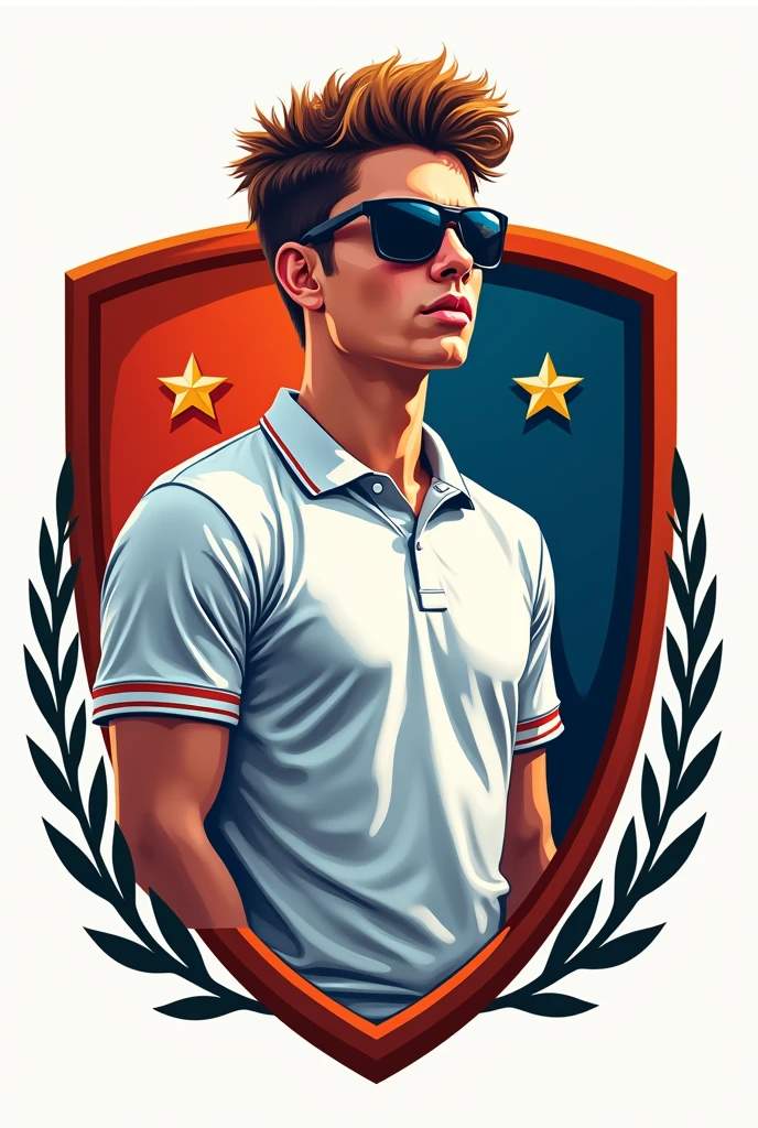 A crest of a football team called parkgay, add a young man with polo shirt and sunglasses illustrated in the coat of arms