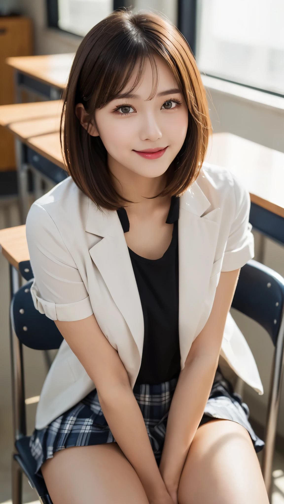 (masterpiece:1.3), (16k, photorealistic, RAW photo, best quality: 1.4),(photo of a beautiful Japanese girl), absurdres, attractive, ultra high resolution, ultra realistic, highly detailed, golden ratio, ultra detailed, super fucking beautiful detailed face, natural makeup, detailed cloth texture, detailed hair texture, beautiful detailed fullbody, Perfect female body, accurate, Anatomically correct, Highly detailed face and skin texture, (beautiful hands), (realistic skin), (beautiful pale skin:1.1), (Perfect dynamic composition, looking at viewer, full body shot:1.3), 
BREAK, 
realistic eyes, beautiful detailed eyes, symmetric eyes, Light Brown eyes, Double eyelids, Thin eyebrows, (Glossy lips:1.4), ((A face with waiting for a kiss, Seductive smile:1.2)), (weat skin, blush:1.1), 
BREAK, 
((short hair, bob, Dark blonde hair, bangs:1.2)), (Daytime, Straddling a chair, classroom:1.3), (school uniform, White short sleeve, Dark Blue jacket, Red ribbon on chest, Checkered mini skirt:1.3)