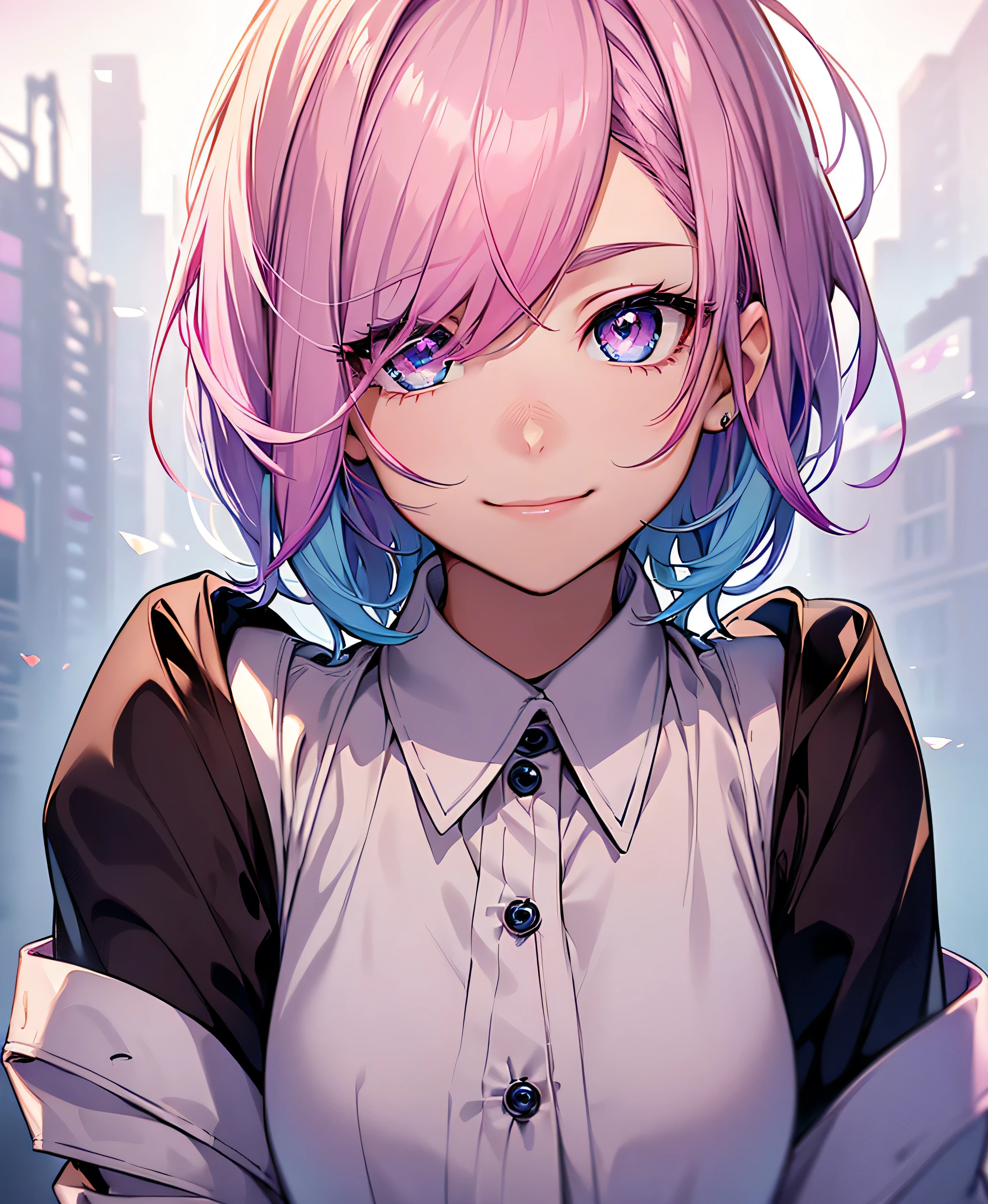 Realistic、One person、fluorescence Pink Hair、blue eyes、(Eye focus:1.3,Face Focus:1.3,Upper Body:1.5),(Gradient Eye:1.3),(blouse)、smile,Laugh with your mouth wide open,(Happy:1.3),short hair、Cute Face,Portraiture,
