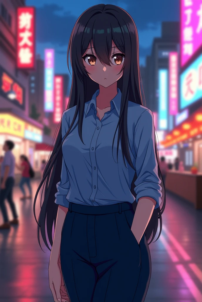 Female anime character with black hair, brown eyes, a blue button-down shirt, and dark blue pants. 