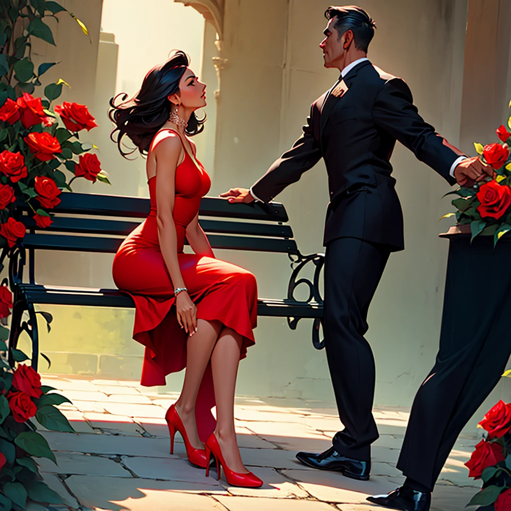 A tango dancing woman , sitting on a bench singing , with black hair , red dress and red roses , Mexico , spain