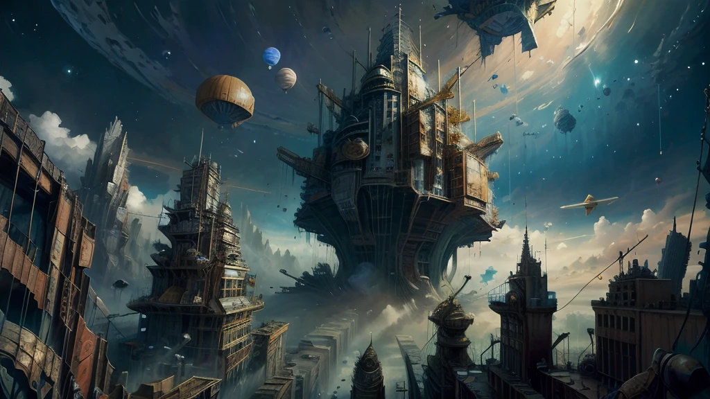 futuristic steampunk city, spaceships flying over the city, a planet with a ring around it, digitalpainting, imagem futurista, Science fiction, deep space, 8k, ultra-high details, (hatred:-1), (by Sanford Kossin:-0.5), resolution,work of art:1.2,ultra detali,realisitic:1.37 hot air balloon,HP.Lovecraft style