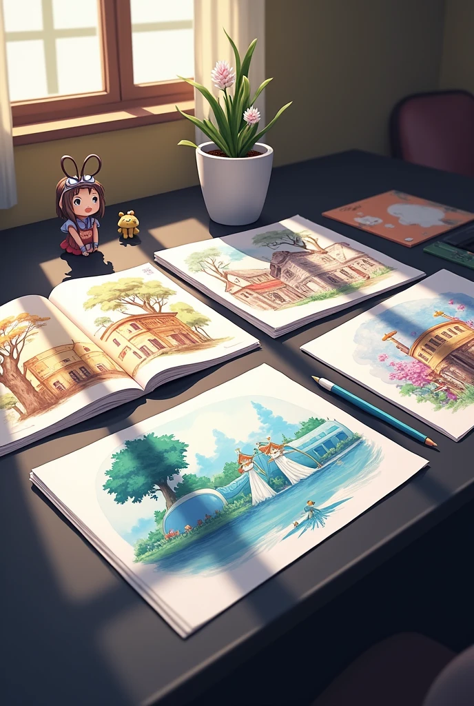 Sketches kept on a black table with a small flower pot kept in corner and a small statue of anime kept on table.