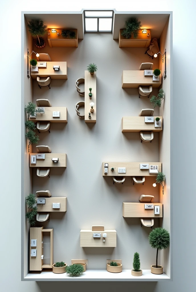 Create a top projection in a technical metrology model, An office with a reception area, restroom, service area with 6 tables and 6 computers each, the tables are separated and include a decoration of a law firm office, place in separate rooms and make in a plant model, placing all the measures. Make it more spacious and separate the reception by room