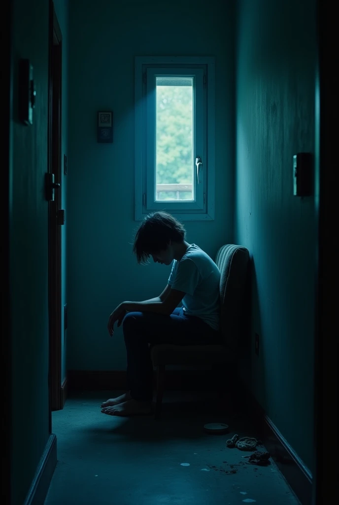 An image representing depression, a person looking sad in a dark blue and enclosed environment