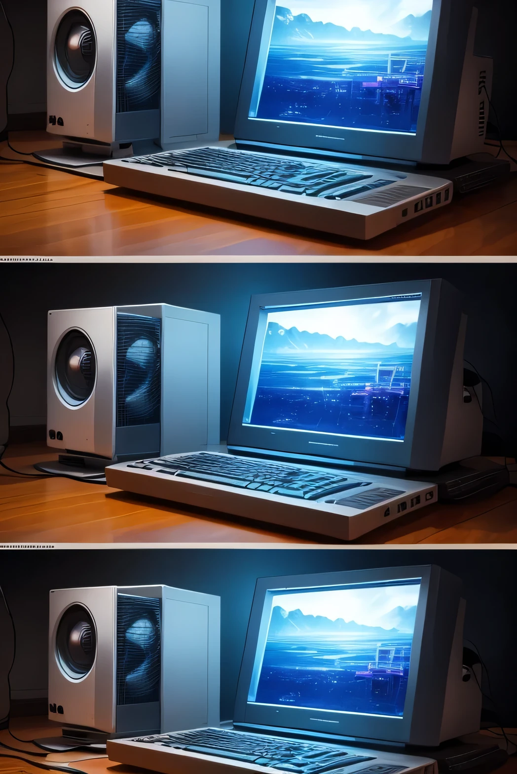 Fast images of old computers transforming into modern ones, with an evolution of computers with color screens