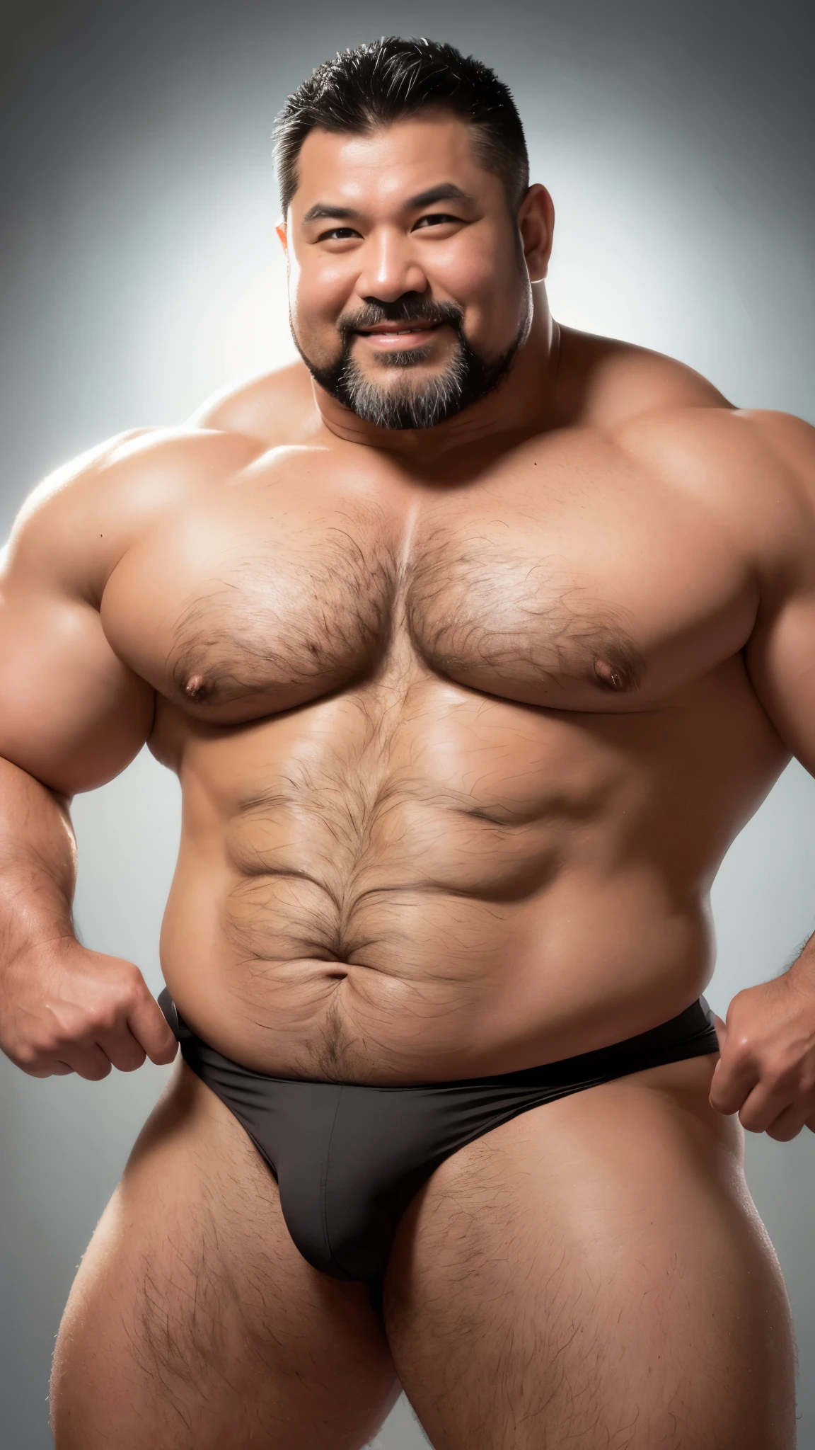 black hair, middle-aged man, individual, male, Muscular wrestler, muscular, Stout wrestler, Asian, Japanese, uncle, 55 year old middle-aged man, short hair, short hair, white wrestling boots, full body portrait, shadow, Vision, white briefs, obesity, 45 years old, short beard, middle-aged man, tattoo, fingerless gloves, Wheat skin, shiny skin, dark skin, Show your pectoral muscles, sumo wrestler, bodybuilder, wide temples, Visible abdominal muscles, Smile, Fine hands, solid color background, pure white background, Surrealism, Panorama, 8k, super detail，