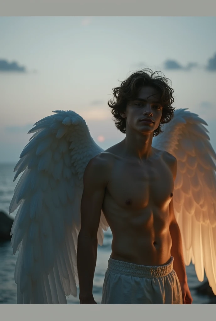 angel   shirtless sexiest abs plumpy lips,Pink & sexy Nipples ,white big wings, full body,in the Moonlight 