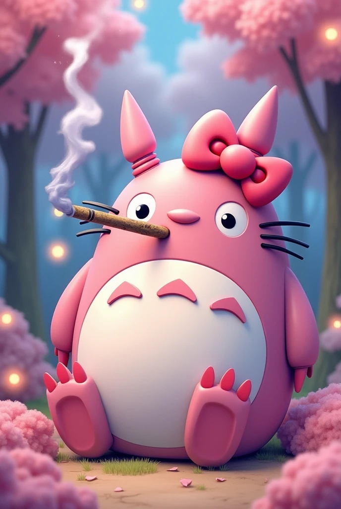 Totoro with pink colors smoking a blunt with a hello kitty bow