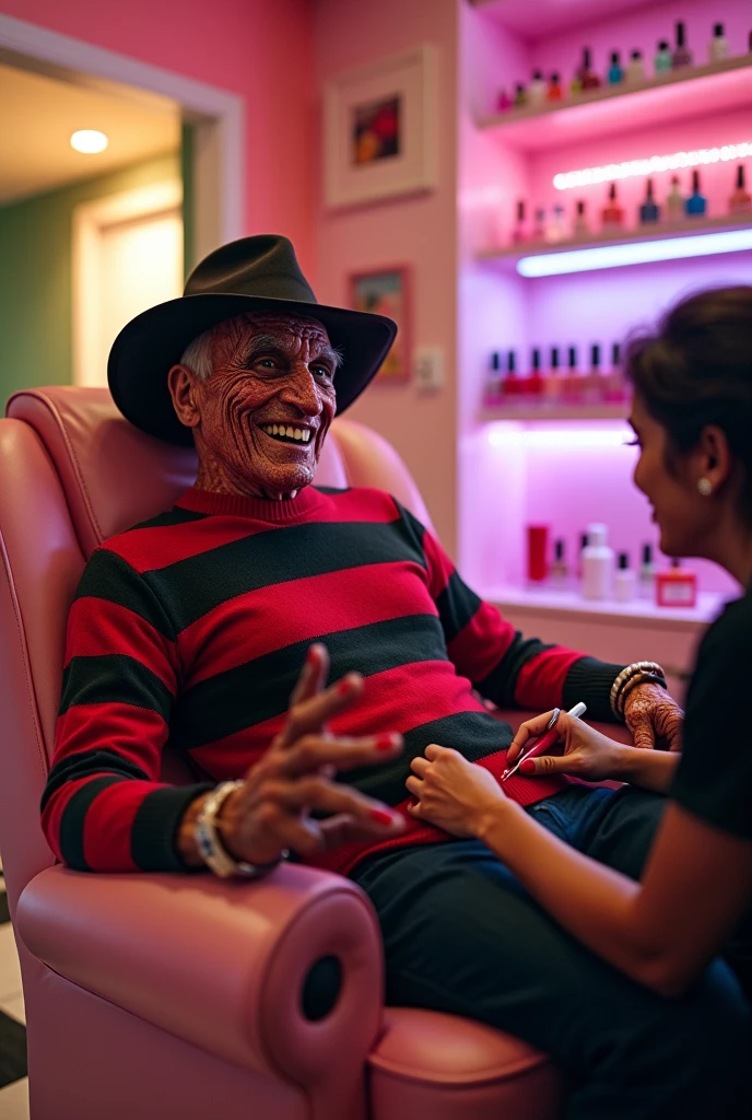 Freddy Kruger getting his nails done in a nail salon