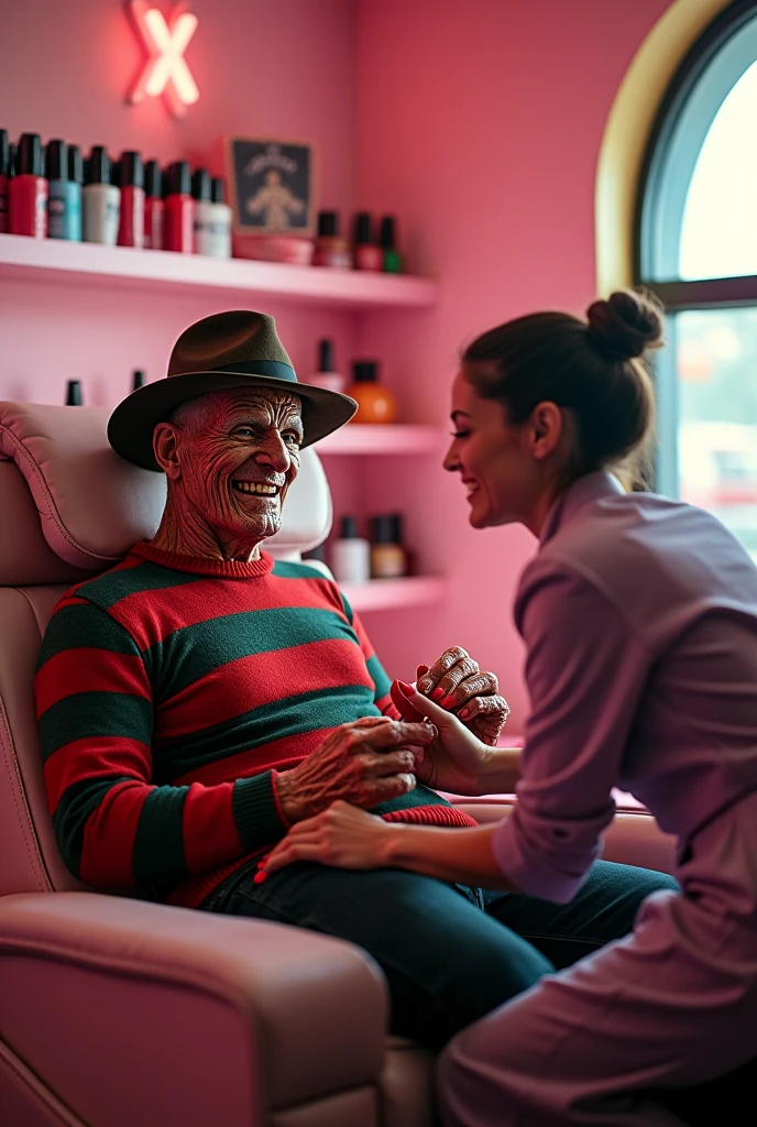 Freddy Kruger getting his nails done in a nail salon