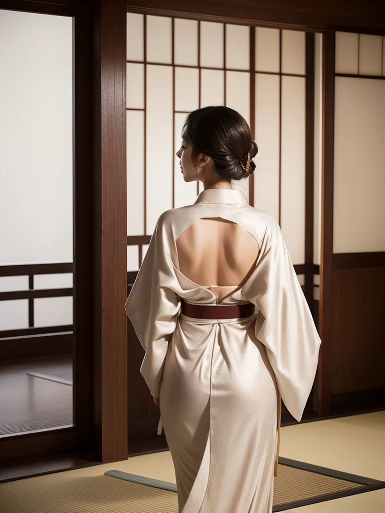 "A 21-year-old Japanese woman dressed in a modern, sleek kimono with contemporary patterns. Her long, straight brown hair cascades down her back, and her high cheekbones give her an elegant, timeless look. The kimono is cinched at the waist, emphasizing her curves. The setting is a blend of traditional and modern, with a minimalistic tea ceremony backdrop, highlighting her delicate beauty and poise."