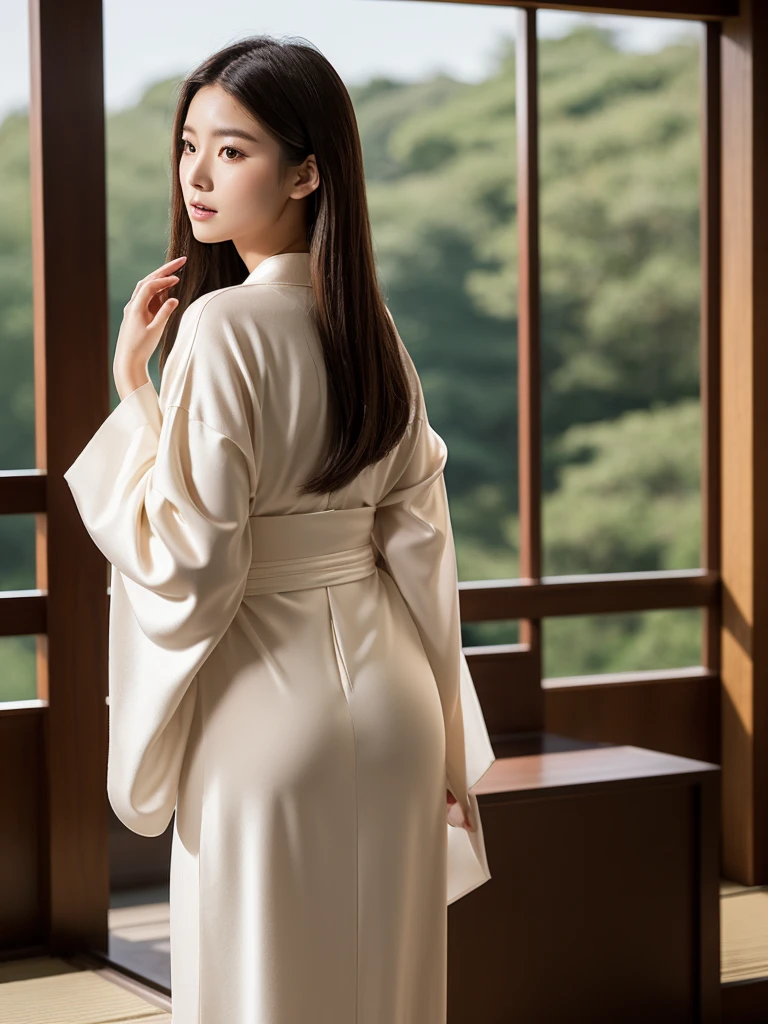 "A 21-year-old Japanese woman dressed in a modern, sleek kimono with contemporary patterns. Her long, straight brown hair cascades down her back, and her high cheekbones give her an elegant, timeless look. The kimono is cinched at the waist, emphasizing her curves. The setting is a blend of traditional and modern, with a minimalistic tea ceremony backdrop, highlighting her delicate beauty and poise."