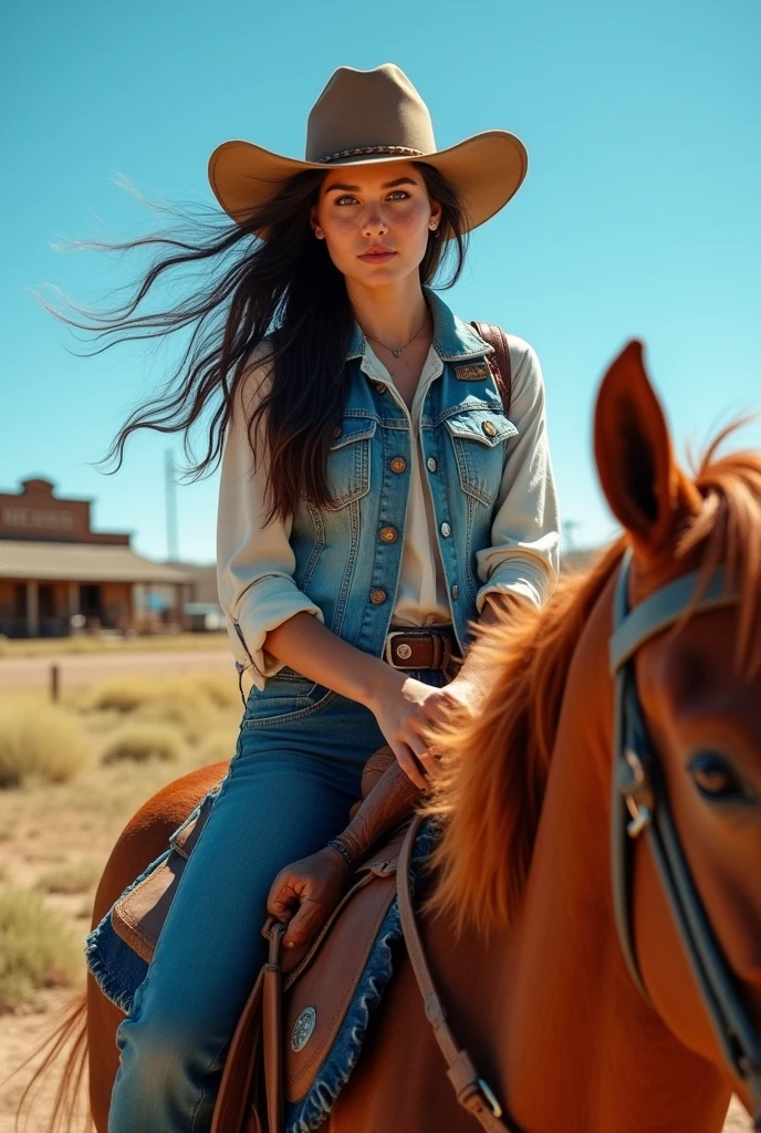 "Striking and ultra-realistic photo, a young woman with dark hair, freckles, and blue eyes, wearing an authentic cowboy outfit, () cleavage, (riding a horse). Her outfit includes a hat fashionable cowboy, frayed vest, denim vest and boots, western landscape or worn rural buildings in the background (very detailed:1.1),(from top:1.5 ").