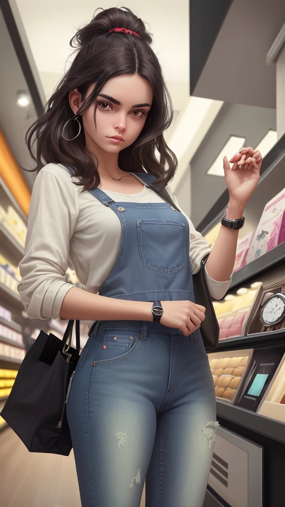 Stylized image of a dark hair vteenage girl buying wristwatch in a modernized city shop in texax wearing jeans and canvas